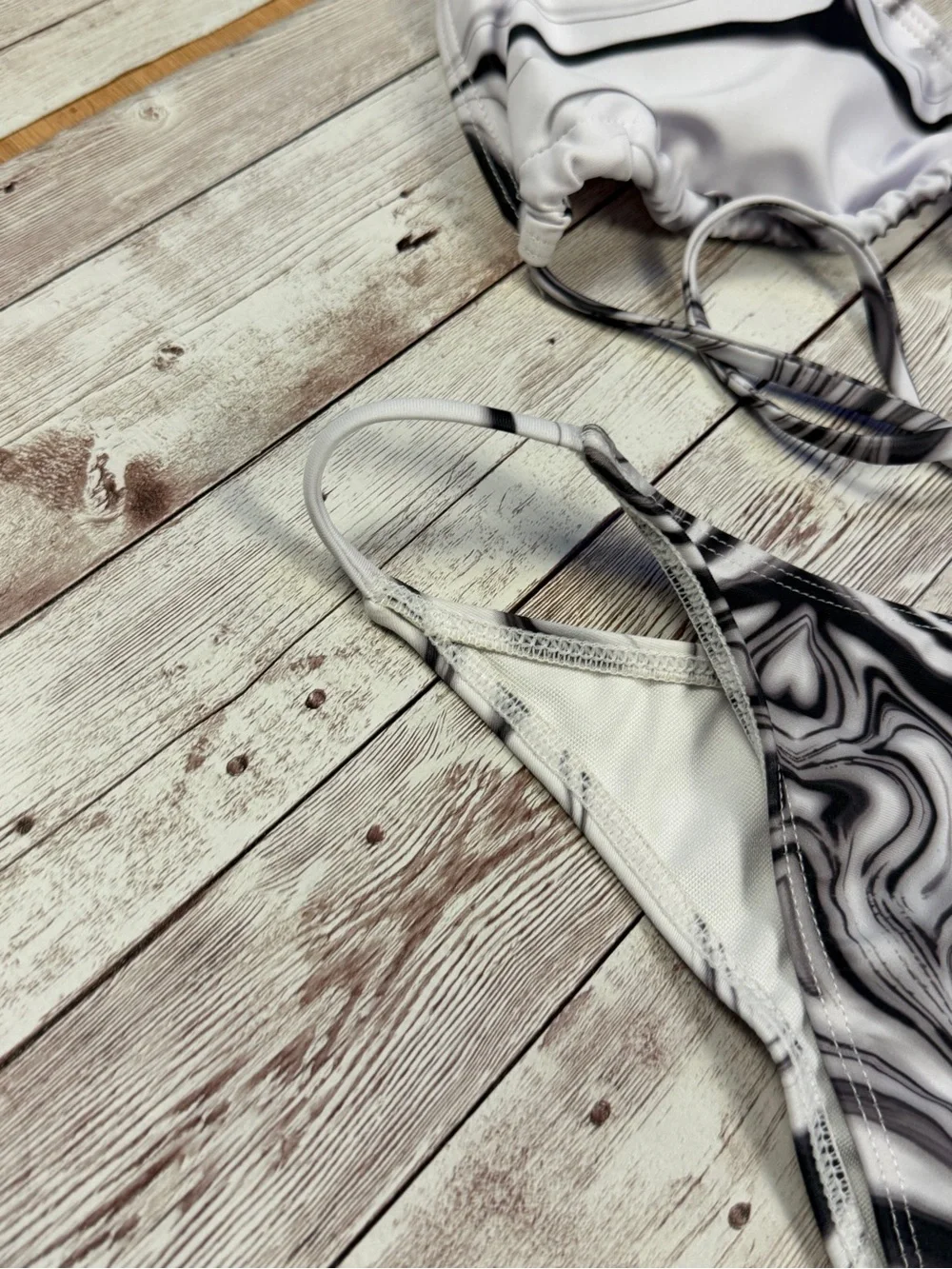 Marble-Print Ruched Mini Dress with Matching Bikini